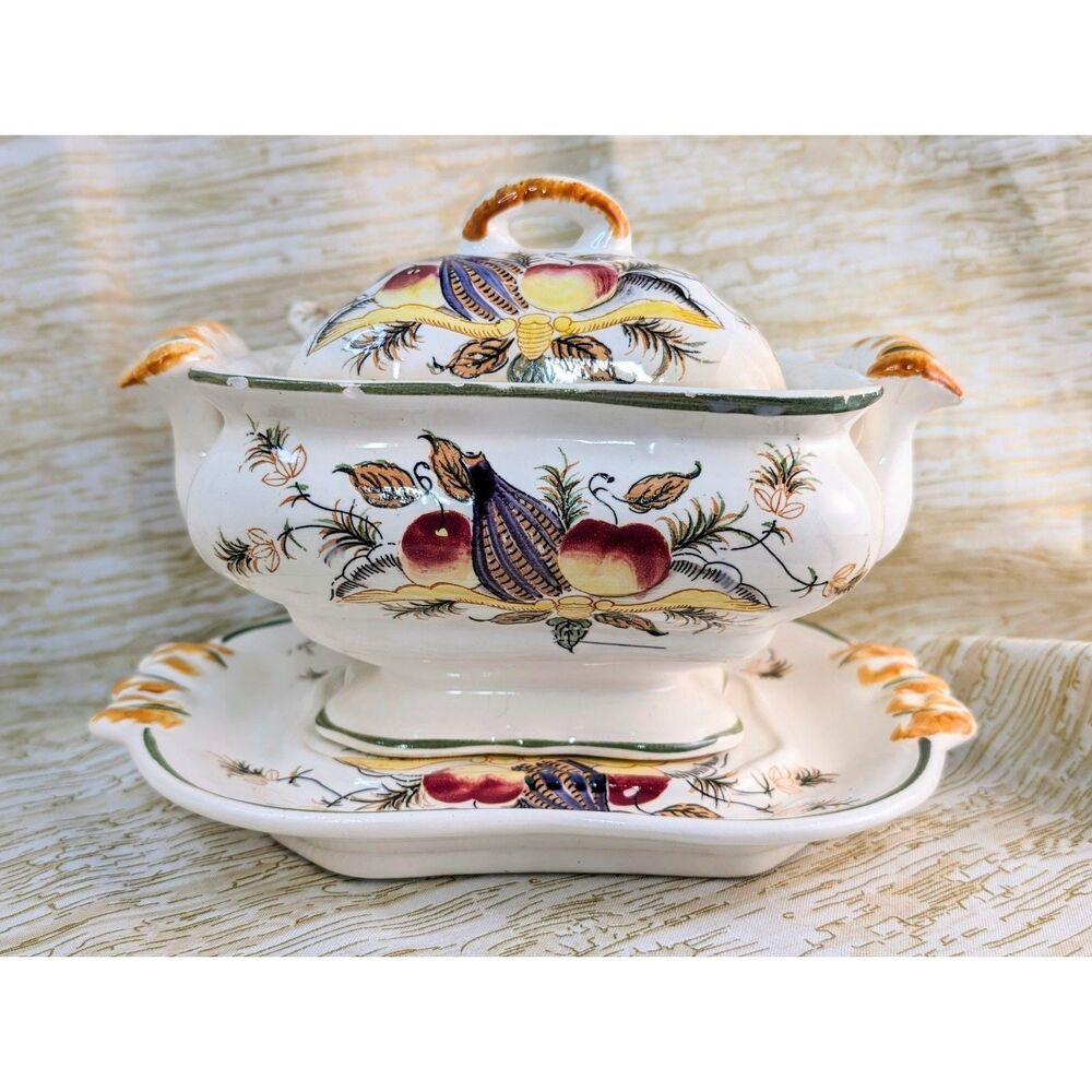 Italian Ceramic Tureen, platter, ladle, lid (4 pc) handpainted Vintage (chip) - Picture 2 of 10